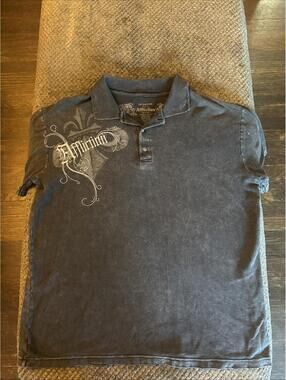 Vtg Y2K Affliction Men's 2XL Embroidered Skull Cross Wings Distressed Polo Shirt